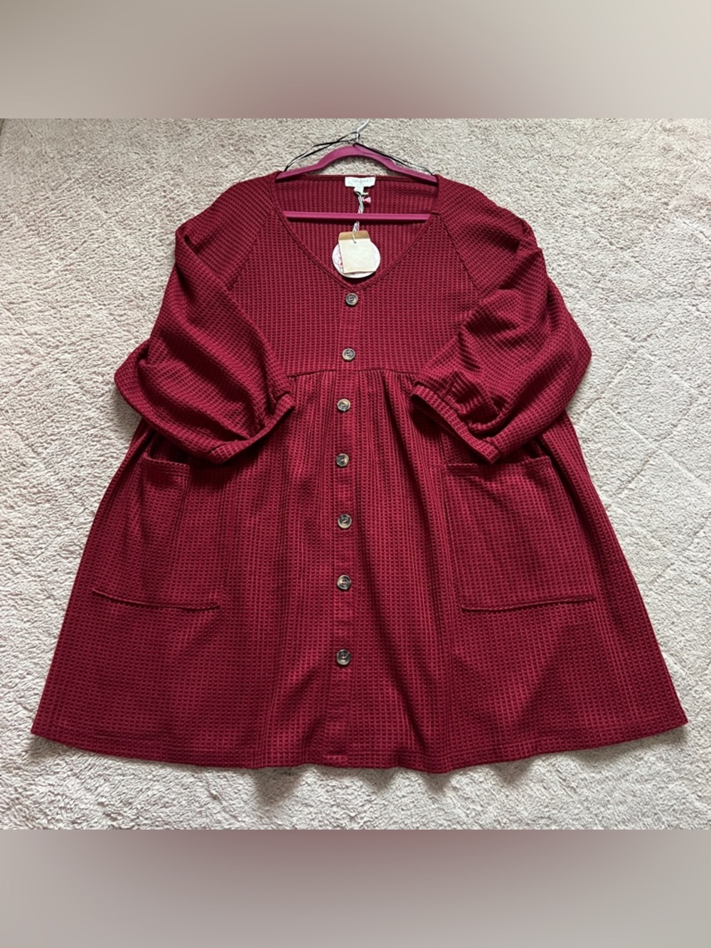 NWT Umgee Waffle Knit Balloon 3/4 Sleeve Dress Cottage‎ Peasant Minimalist Sz L